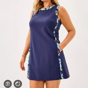 Lilly Pulitzer Mena Shift in Sapphire Pool. Navy and Green Shift Dress Pockets